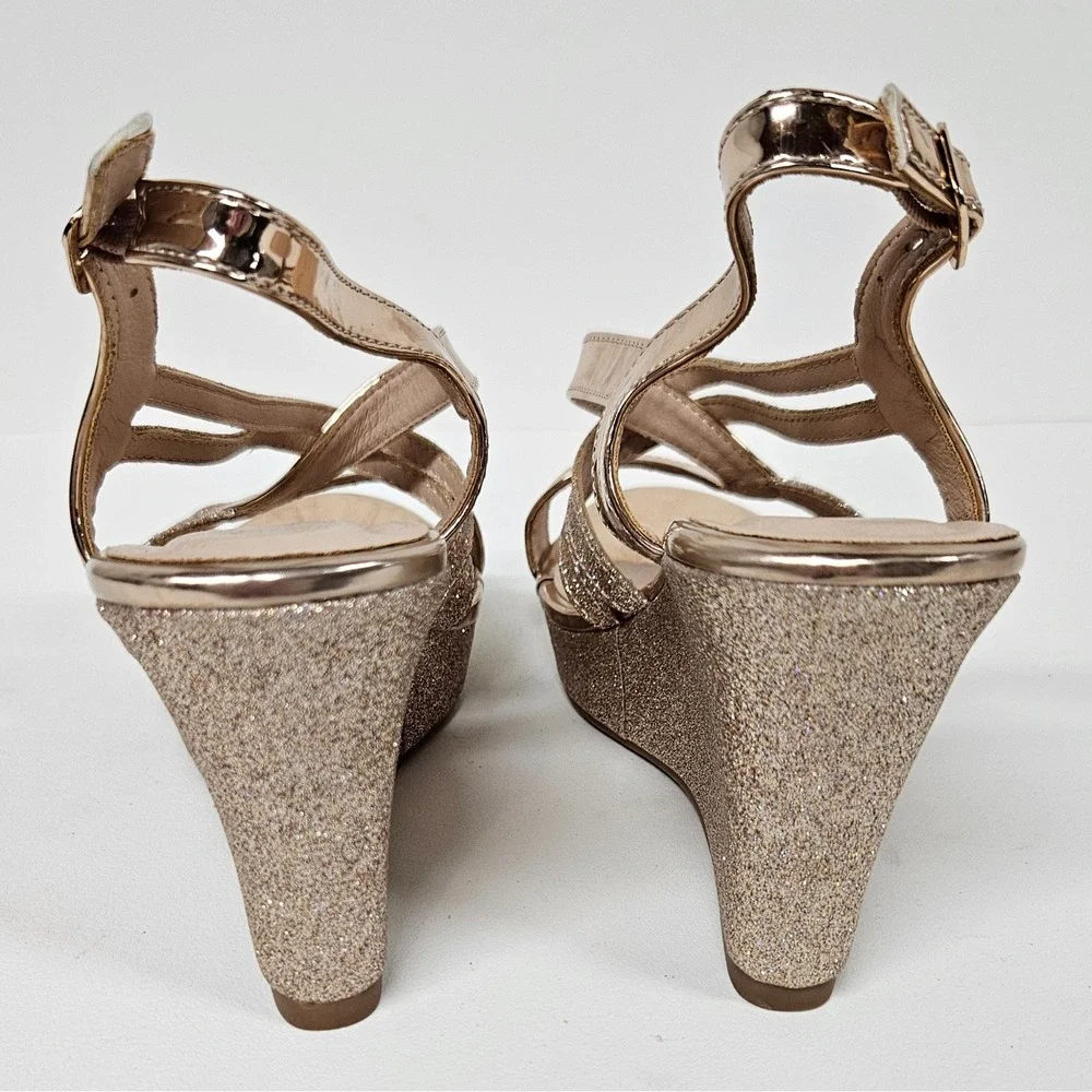 Forever Rose Gold Glitter Wedge Sandals Strappy Metallic Platform Heels 7.5